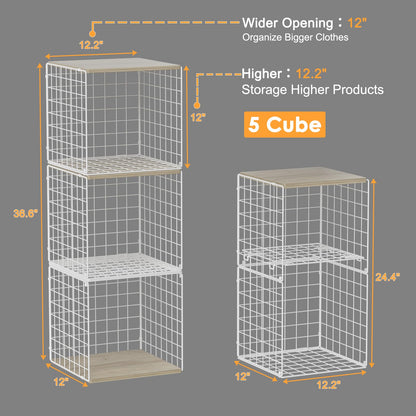 Hencawima 5PCS Stackable Closet Organizers and Storage, Closet Shelves with Wood Top Extra Storage, Clothes Storage Organizer Basket Bin/Cube for Home Wardrobe Organization(White-Sturdy Metal)