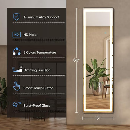 OLIXIS 16"x 60" LED Full Length Mirror with Lights, Standing Lighted Floor Full Body Mirror with 3 Color Lighting, Wall Mounted Mirrors for Bedroom, Home, Entryway with Tempered Glass