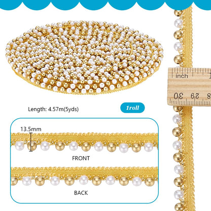 PH PandaHall 4.5 Yards Pearl Lace Trim Faux Pearls Lace Ribbon, 1/2 inch Wide Golden Pearl Beaded Ribbon Border Trim for Wedding Arch Chair Home Bridal Dress Christmas Decorations