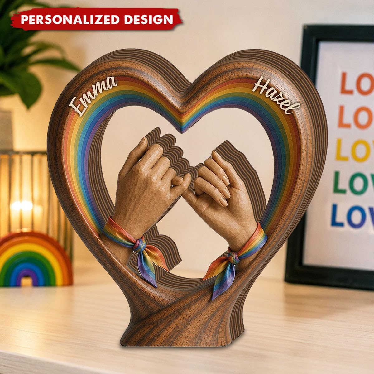 Personalized LGBTQ Wooden Heart Plaque, Rainbow Hand Holding Decor Gift Custom Pride Month Shelf Sitter Meaningful Couple Present Tabletop Keepsake Home Room Decoration