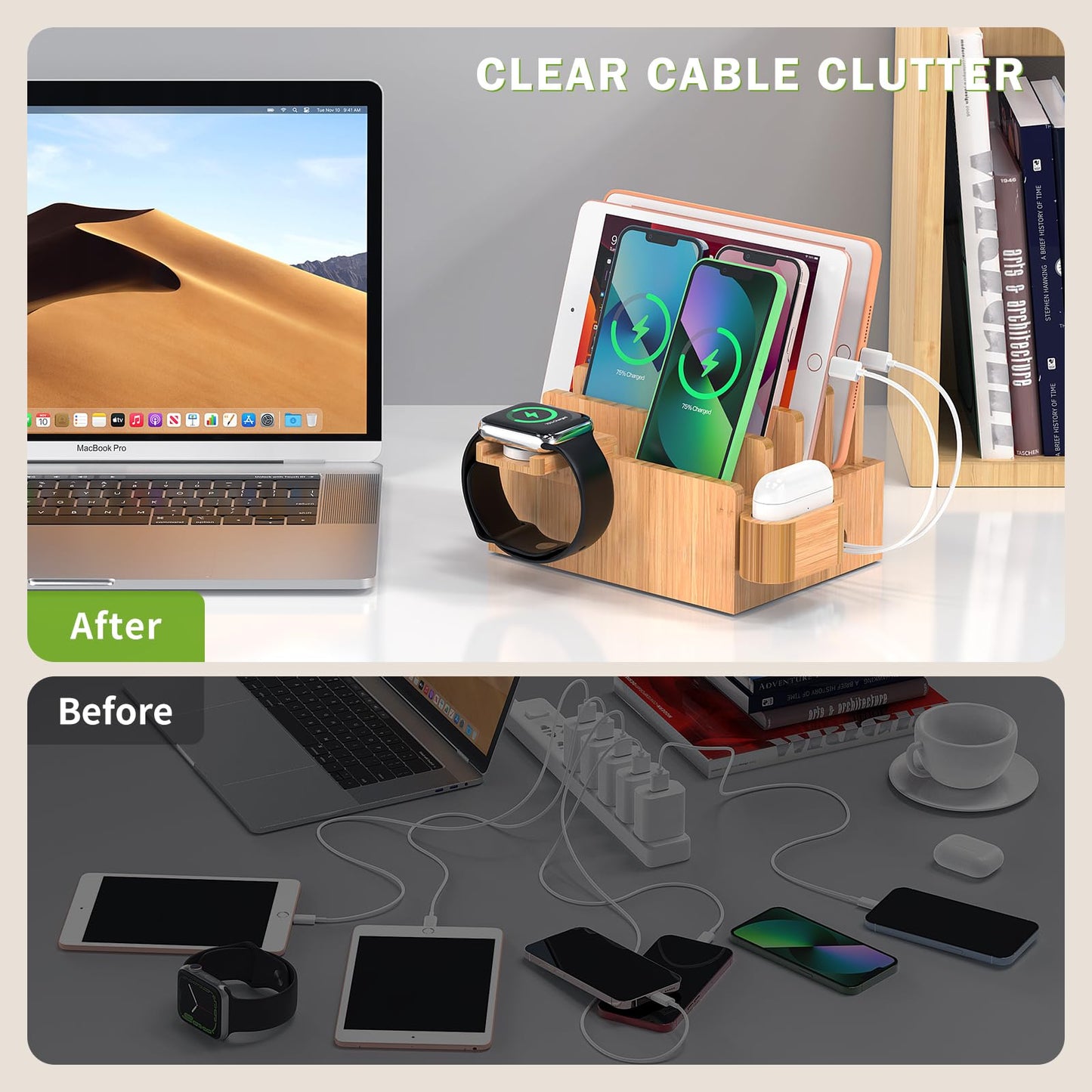 Pezin & Hulin Bamboo Charging Station for Multiple Devices with 5 Port USB Charger, 5 Cables, Watch&Earbuds Stand, Electronic Device Desktop Organizer for Cellphone, Tablet, Watch, Earbuds