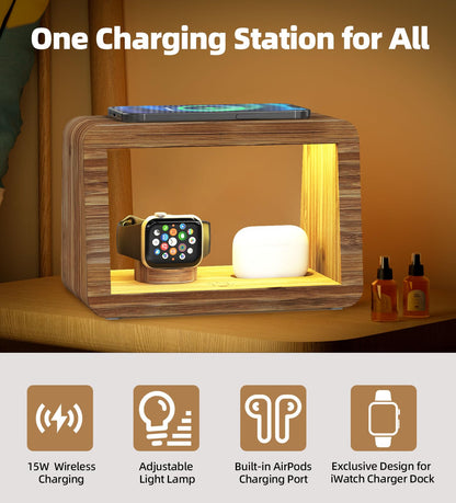 Bamboo Charging Station for Multiple Devices,15W Fast Wireless Charging Station with Nightlight, 3 Color & 4 Adjustable Brightness Compatible with Phone/Watch/AirPods