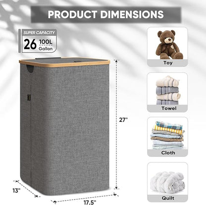 BALEINE Laundry Hamper with Lid, Tall Laundry Baskets with Bamboo Pull Handles