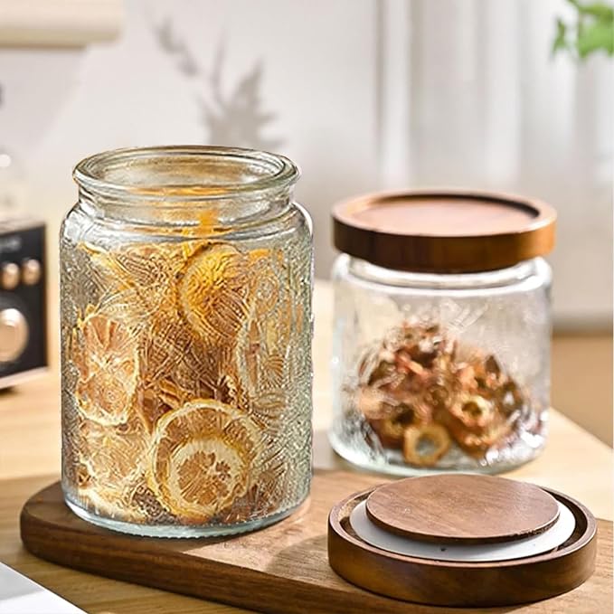 24 OZ Airtight Glass Storage Jar with Bamboo Lid - Vintage Glass Jar Vintage Food Containers Canisters Set for Kitchen Counter & Pantry - Ideal for Sugar, Flour, Coffee, Tea, Candy, Oats -6 Pack
