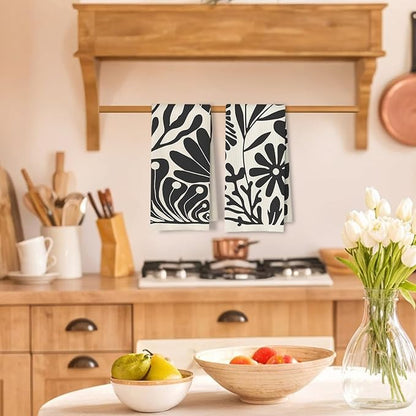 Abstract Boho Neutral Floral Kitchen Towels Set of 2, 70s Retro Groovy Beige
