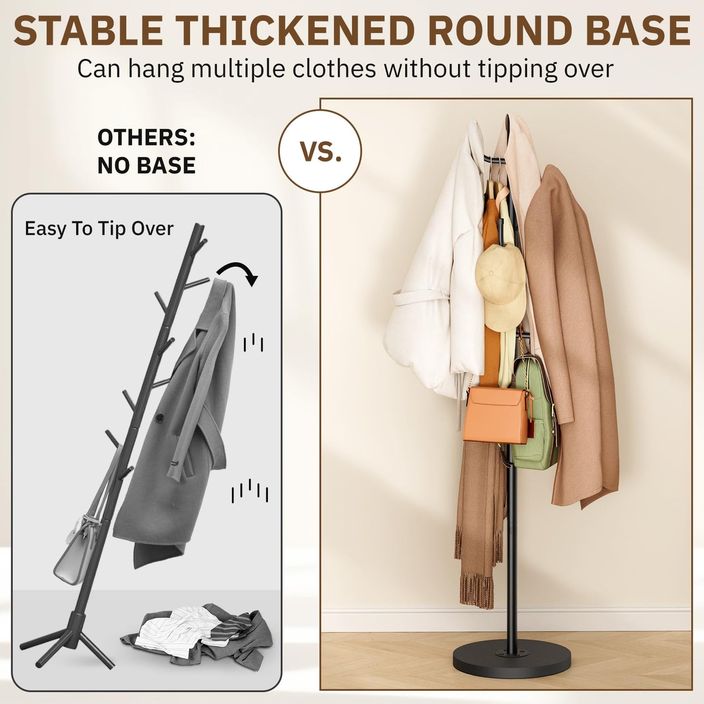 MISSLO Heavy Duty Coat Rack Freestanding with Stable Wood Base Metal Coat Tree Adjustable Coats Hanger Stand with 6 Hooks Clothes Tree for Jackets, Hats, Bags Standing Purse Rack for Bedroom, Office