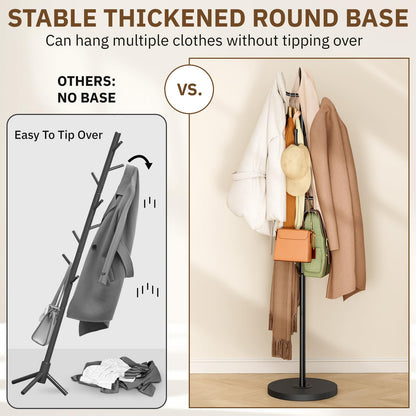 MISSLO Heavy Duty Coat Rack Freestanding with Stable Wood Base Metal Coat Tree Adjustable Coats Hanger Stand with 6 Hooks Clothes Tree for Jackets, Hats, Bags Standing Purse Rack for Bedroom, Office