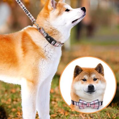 IVY&LANE Dog Collar with Bowtie and Leash Set | Plaid Adjustable Dog Collar | Detachable Bow Tie |5 FT Dog Leash | for Small Medium Large Dogs | Checkered Beige | Medium