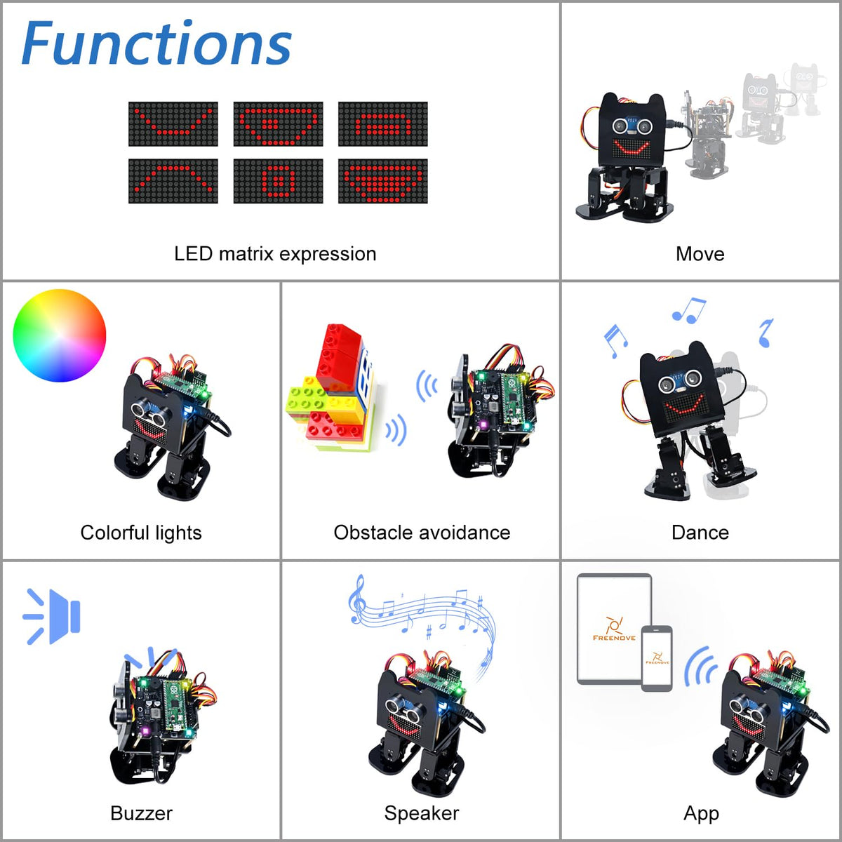 Freenove Bipedal Robot Kit for Raspberry Pi Pico (Not Included) (Compatible with Arduino IDE), LED Matrix Expressions, Obstacle Avoidance, Colorful Lights, Buzzer, Speaker, App
