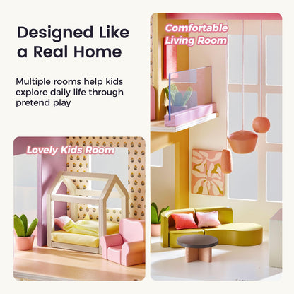 Tiny Land Wooden Doll House, Modern Family Dollhouse with Realistic Design, 7 Rooms Dollhouse with 49 PCS Accessories, Montessori Pretend Play Toddler Toy, Ideal Gift for Kids Ages 3+, Pink