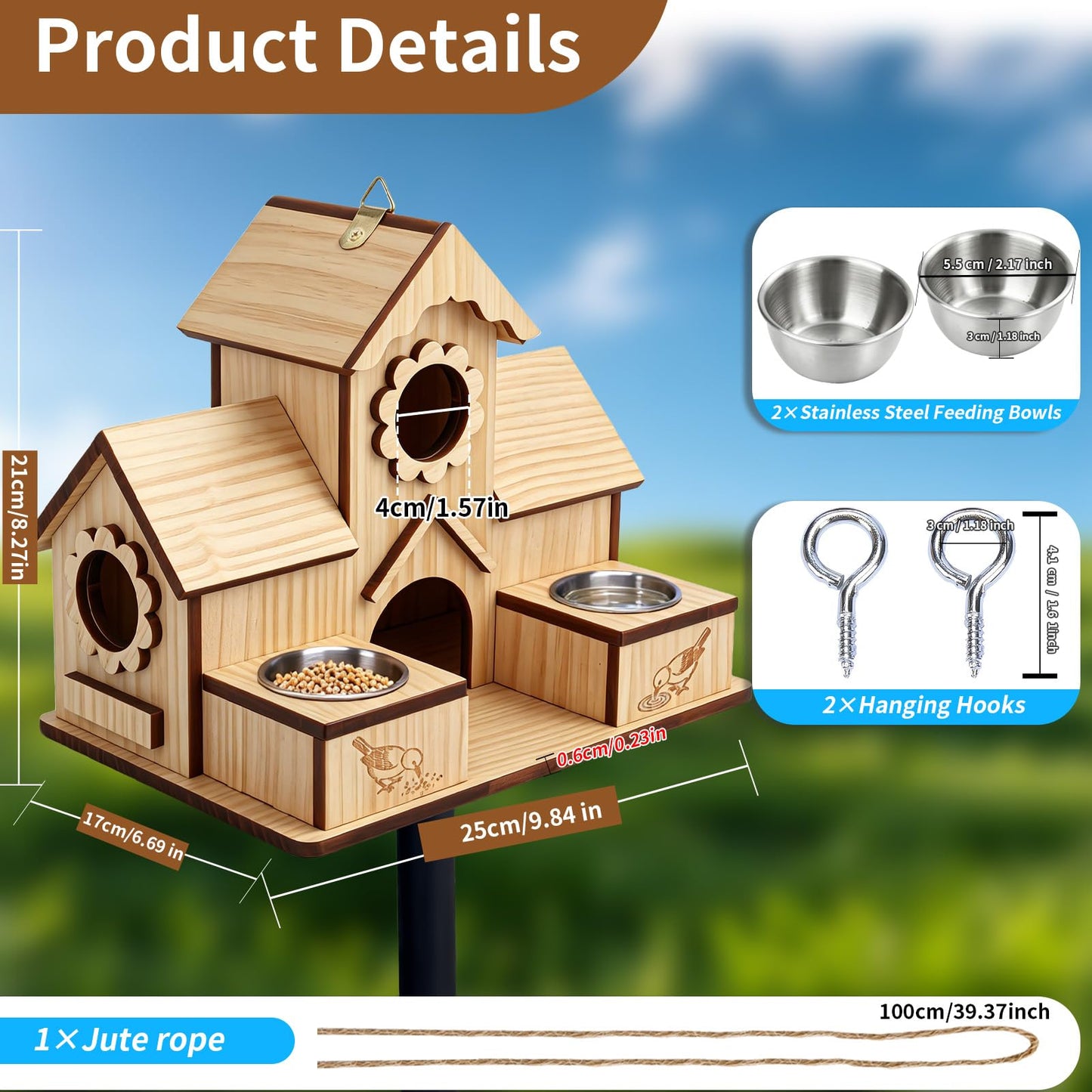 SORNADELUVRIX Bird House for Outdoors, 4-Hole Hanging Birdhouse, Bluebird House with Stainless Steel Feeding Tray, Cedar Wood Nesting Box for Wrens, Chickadees and Swallows