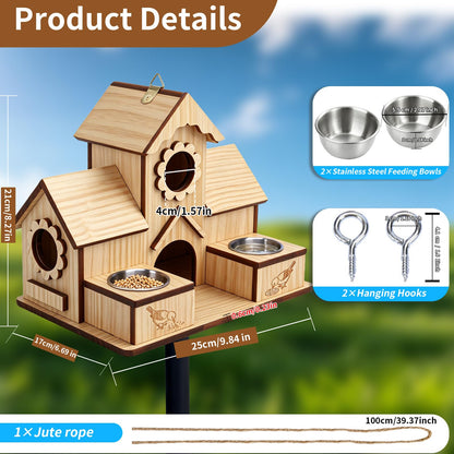 SORNADELUVRIX Bird House for Outdoors, 4-Hole Hanging Birdhouse, Bluebird House with Stainless Steel Feeding Tray, Cedar Wood Nesting Box for Wrens, Chickadees and Swallows