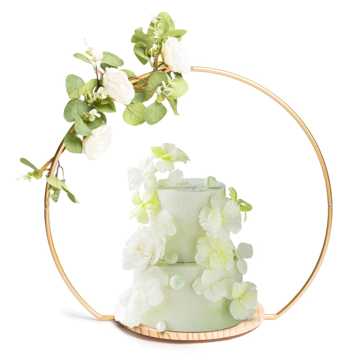 GENMOUS Wedding Cake Stand with Wood Stand Base, Gold 20" Round Arch Cake Stand Set, Metal Floral Hoop Centerpiece for Table, Large Cake Display Stand for Party, Events, Birthday Reception