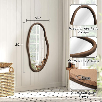 JJUUYOU Asymmetrical Mirrors Irregular Bathroom Wall Mirror 30"x18" Large Wooden Frame Modern Decorative Mirror for Makeup Bathroom Living Room Brown