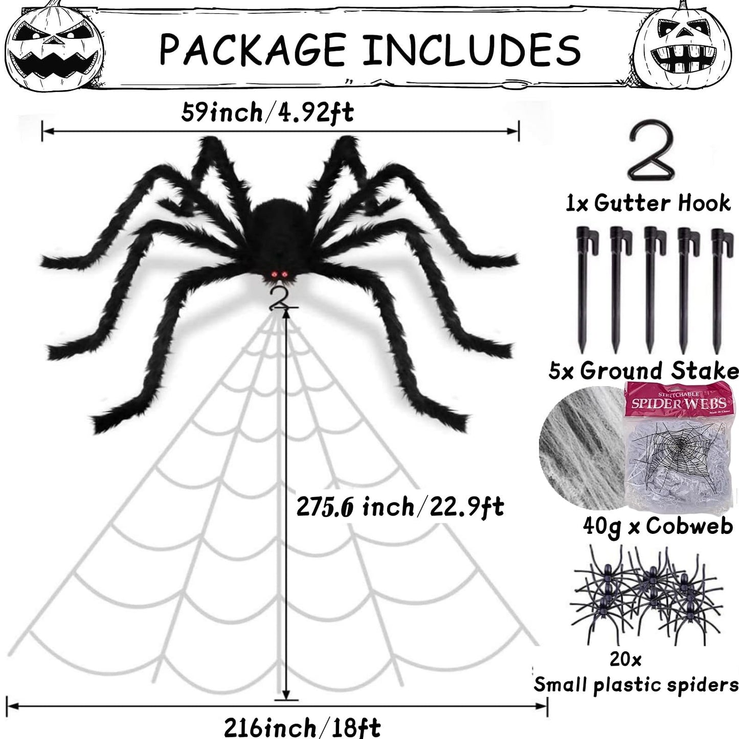 HKC 276" Giant Spider Web Halloween Decorations + 59" Hairy Spider +40g Stretch Cobweb+20 Small Spider,Fake Spider with Triangular Huge Web for Halloween Outdoor Indoor Decor Haunted House Porch Yard