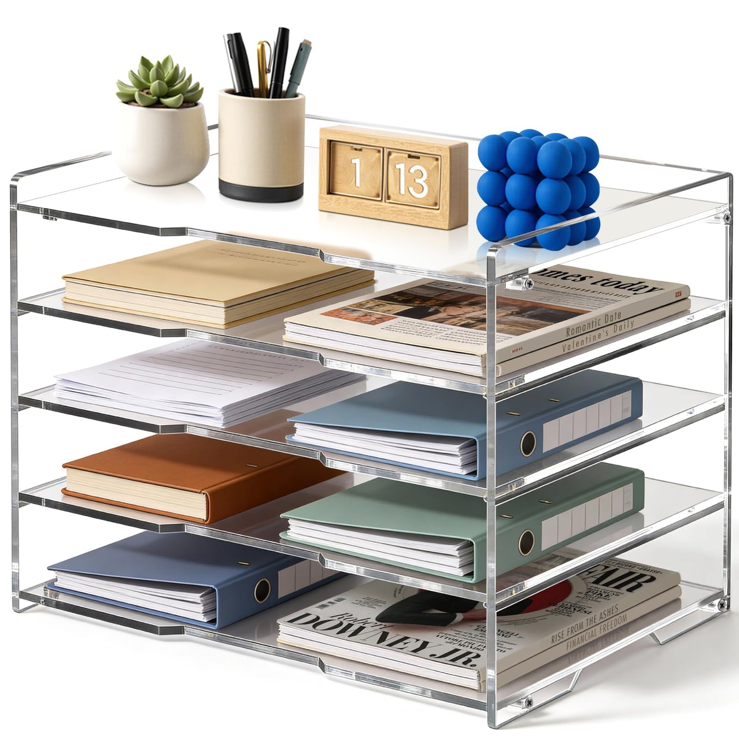 Leffis 5 Tier Acrylic Desk Organizer, Clear Paper File Folder Holder Letter Tray, Desktop Document Sorter for Office Home School Classroom, Tiered Storage Rack for Papers Bills Mail Supplies