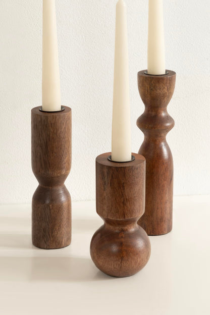 Kate and Laurel Pico Modern Three-Piece Mango Wood Taper Candle Holder Set, Set of 3, Walnut Brown, Transitional Wooden Candlestick Holders for Dining Table or Fireplace Mantel Display