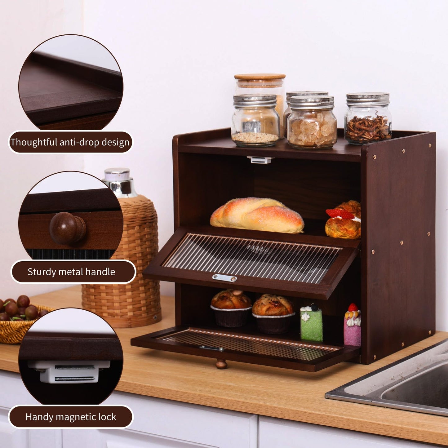 FDHUIJIA Double 2 Layer Large Bread Box for Kitchen Counter, Wooden Bread Storage Container Organizer Holder with Acrylic Window (brown)