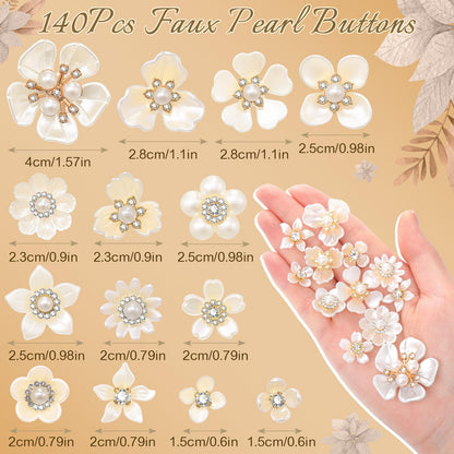 Janinka 140 Pcs Rhinestone Buttons Faux Pearl Buttons Flat Back Flower Embellishments for Jewelry Making DIY Craft Wedding Hair Bouquet Home Decoration Party Accessory (Floral,White)