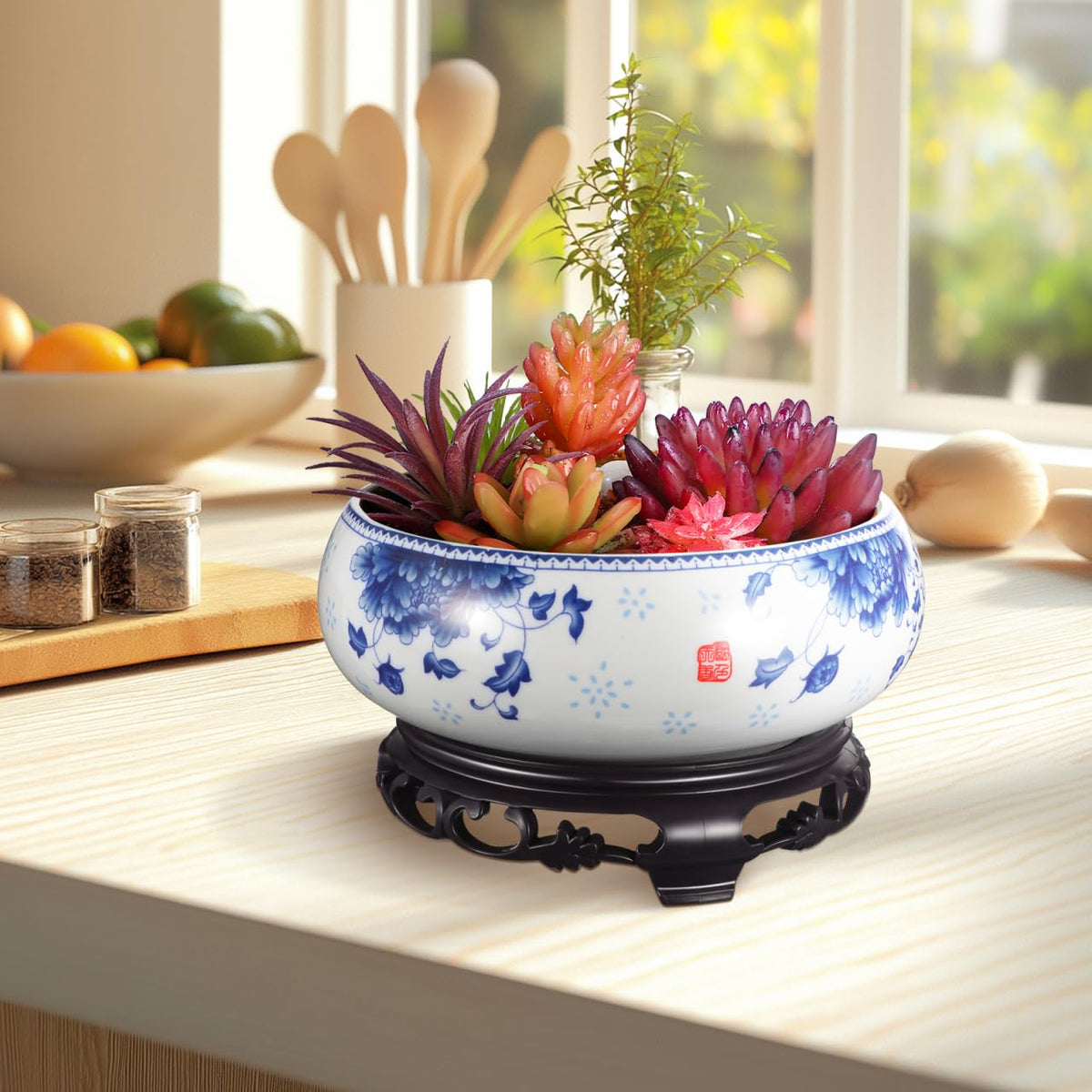 YARNOW Lotus Bowl Planter with Stand - Non Hole Ceramic Bonsai Pot for Water Lily, Succulents, and Small Plants, 7 x 6.3 x 4 Inch