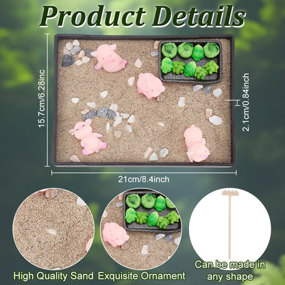 WEBEEDY Zen Garden Kit for Desk,Pig Theme Japanese Zen Sand Garden Box Decor Set with Tray,Sand,Tools for Desktop Meditation Decoration Sandbox Tray Kit Gift,Rectangular(8.3x6.2/21x15.7cm)