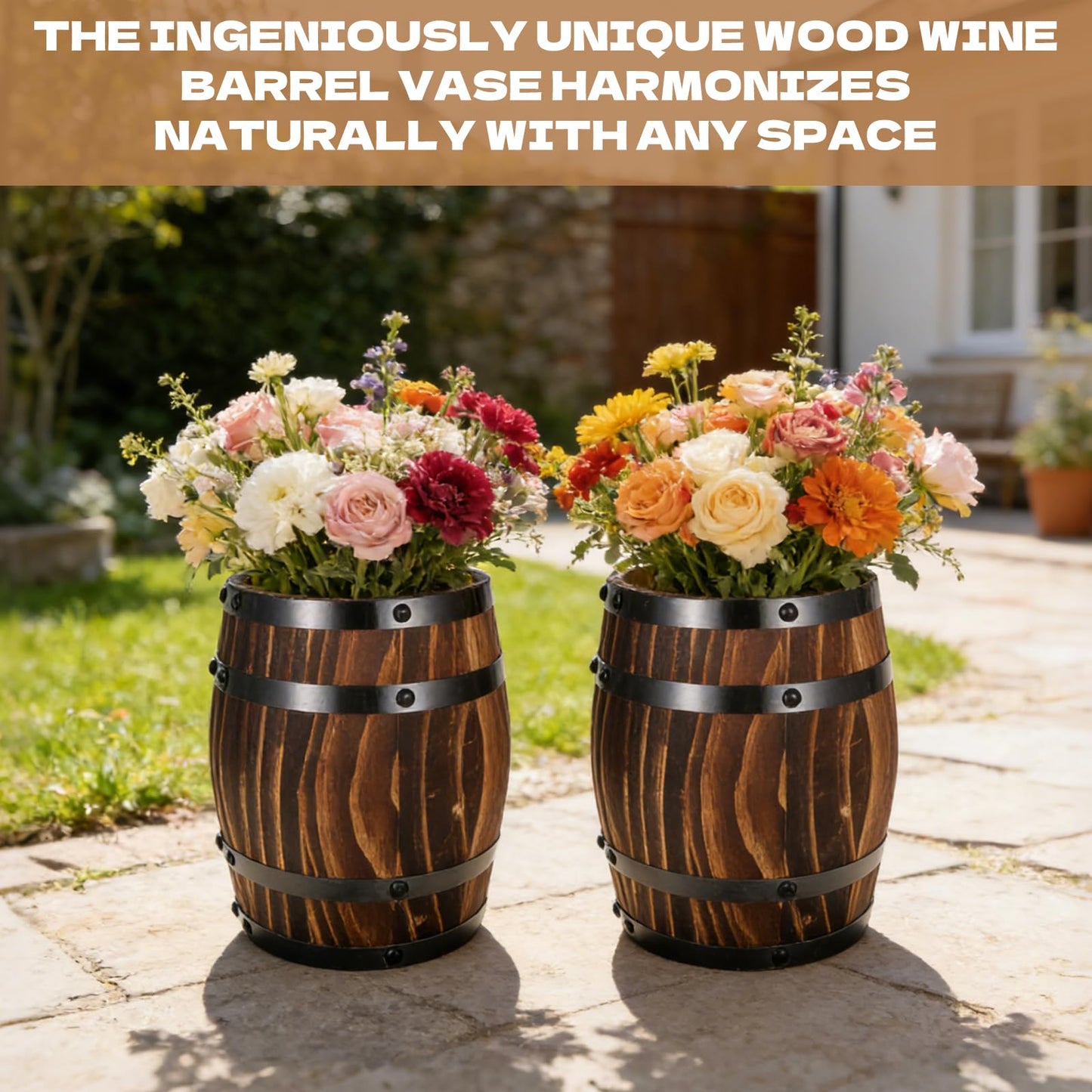 2 Pcs Wood Wine Barrel Vase Set Wooden Flower Planters Rustic Barrel Flower Vase Container for Home Indoor Outdoor Garden Kitchen Wedding Reception Party Table Decoration