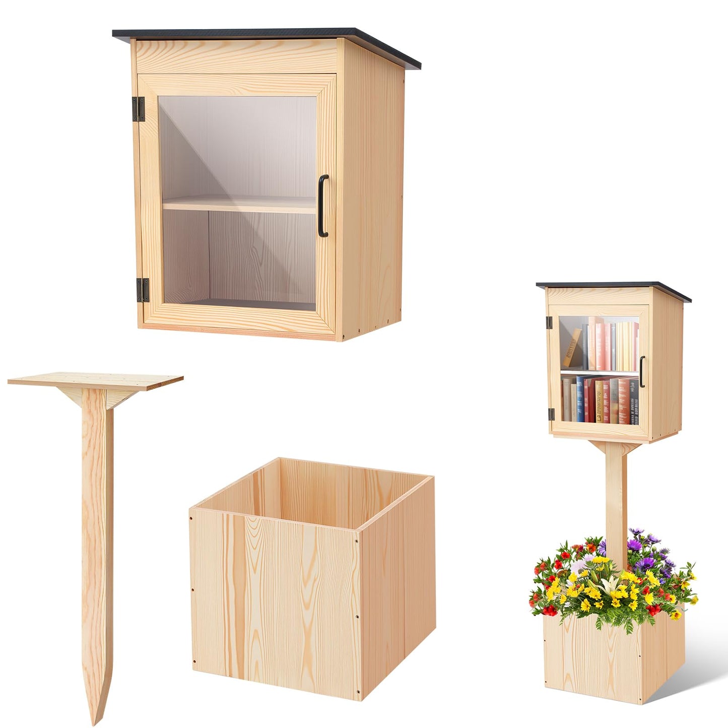 Wonderjune Wooden Little Library Box Outdoor, Weatherproof Double Solid Wood Book Exchange Box with Floor Plugs and Small Flower Fence for Neighborhoods, Community, Literature, School(Natural Wood)