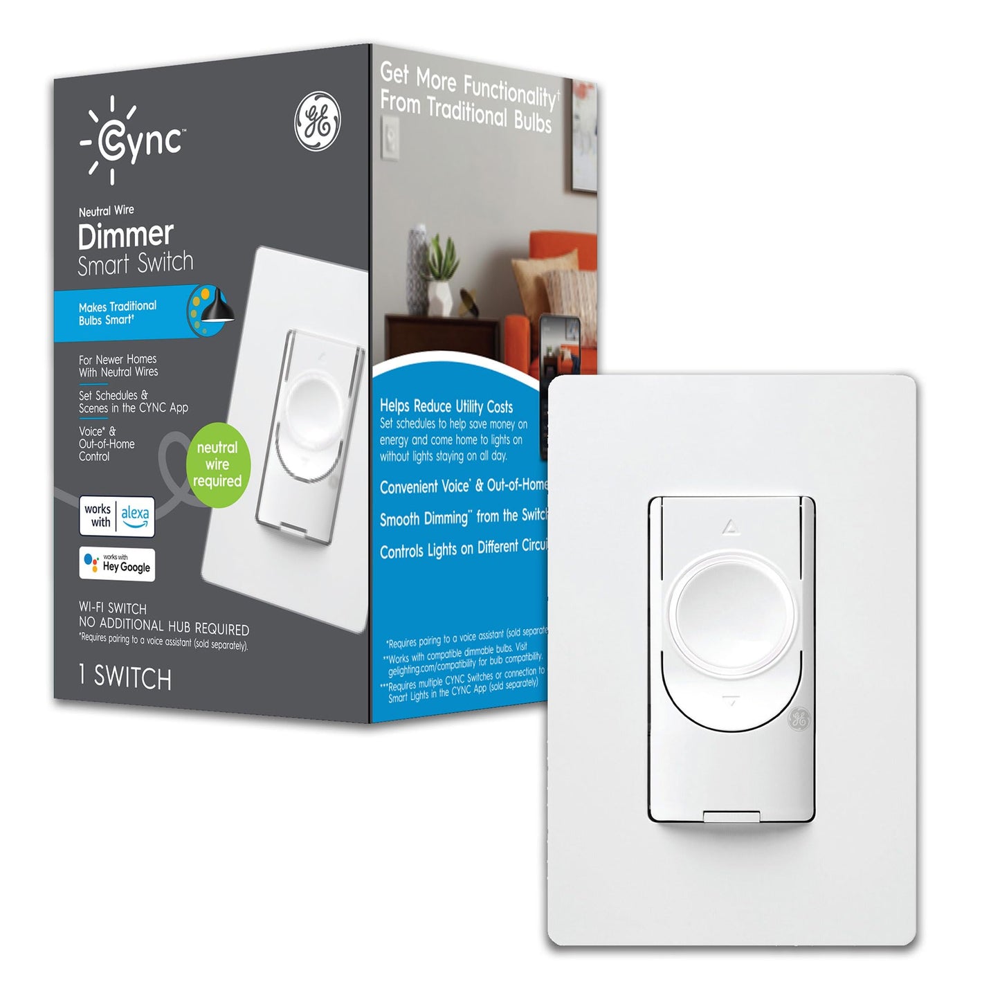 GE CYNC Smart Dimmer Light Switch, Neutral Wire Required, Bluetooth and 2.4 GHz WiFi 4-Wire Switch, Works with Amazon Alexa and Google Home, White Light Dimmer (1 Pack)