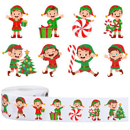 1000Pcs Christmas Stickers Roll 8 Designs Elves Decals Assorted Funny Cartoon Xmas Elf Adhesive Decorative Stickers for Gift Greeting Card Party Supplies