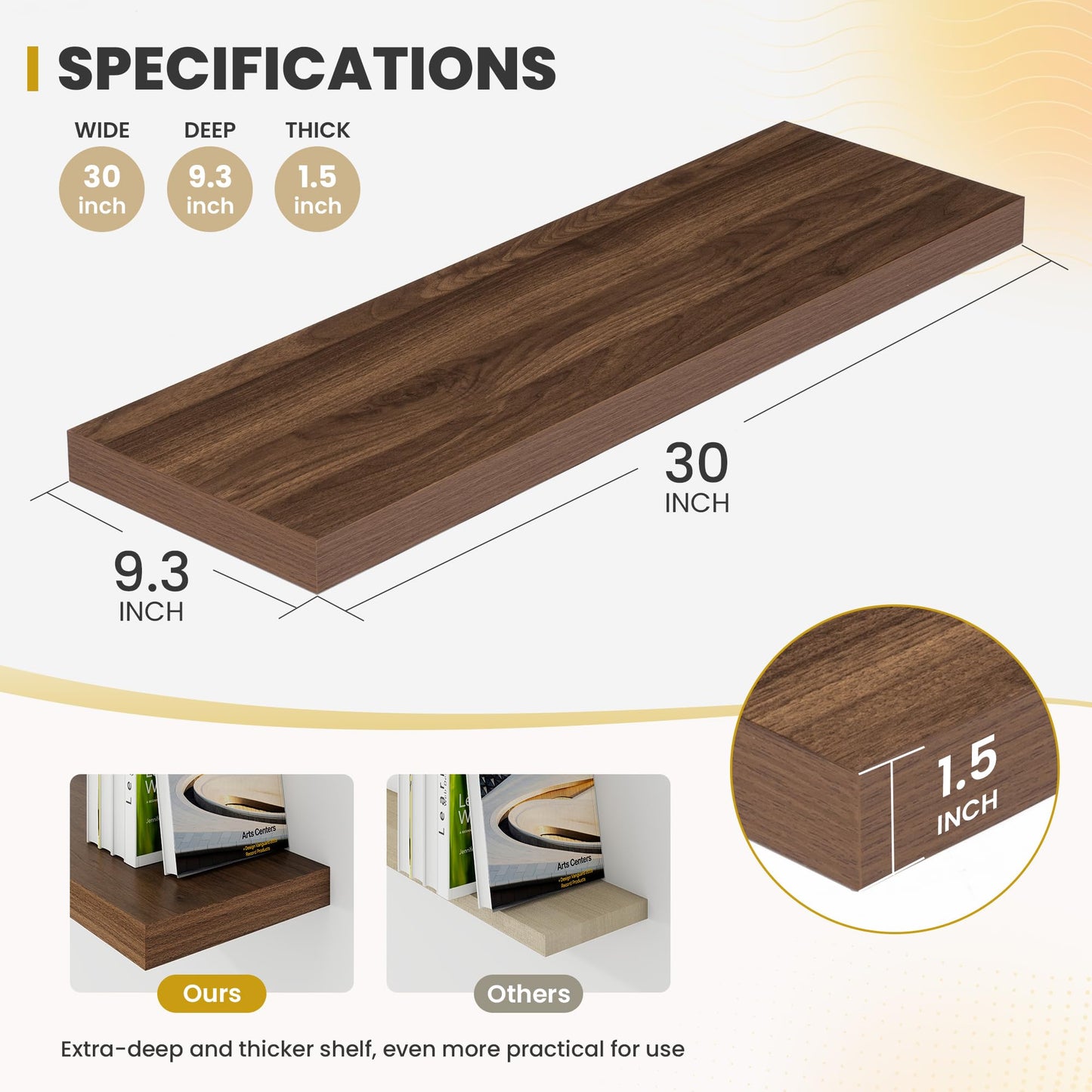 Acovy 30 Inch Floating Shelves, 9.3" Deep Floating Shelf Wall Mounted, 30" Wall Shelves, Rustic Deep Bookshelf, Large Display Shelves & Storage Shelves for Bedroom, Living Room, Walnut, Set of 2