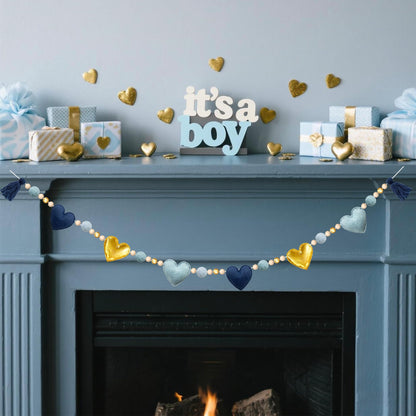 Dusty Blue Gold Heart Decorations Handmade Pre-Strung Felt Heart Banner Wool Felt Ball Wooden Bead Garland for Birthday Baby Shower Anniversary Valentines Day Nursery Classroom Fireplace Home Decor