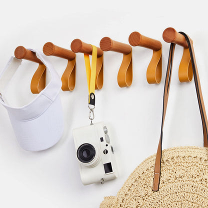 CoolCedar Adhesive Wall Hooks 6Pack Wood Hat Hooks Coat Rack Wall Mounted Extended Wooden Pegs for Hanging Keys, Cups, Baseball Caps, Pictures, Hat Hangers Rack with Leather (6Pack, Cherry-6cm)
