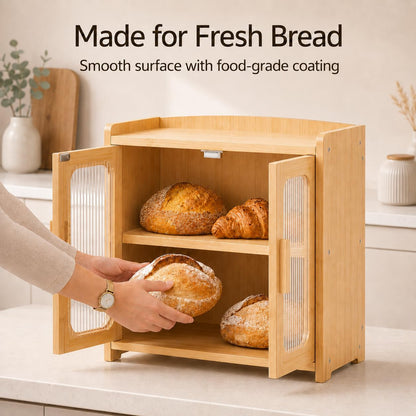 Florwish Bread Box for Kitchen Countertop, Large Capacity Wooden Bread Box, Fluted Acrylic Window Farmhouse Bread Storage, 2 Tier Corner Bread Box for Homemade Bread & Sourdough Bread, Natural Bamboo