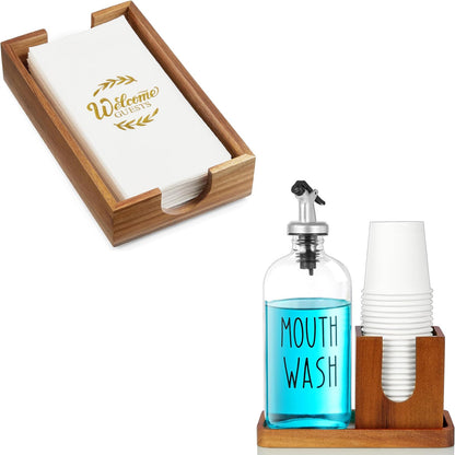 Napkin Holder for Bathroom, Acacia Wooden Guest Towel Holder Tray for Bathroom Bundle Mouthwash Dispenser for Bathroom, 16 OZ Glass Mouthwash Dispenser with Pour Spout and Acacia Wood Cup Holder