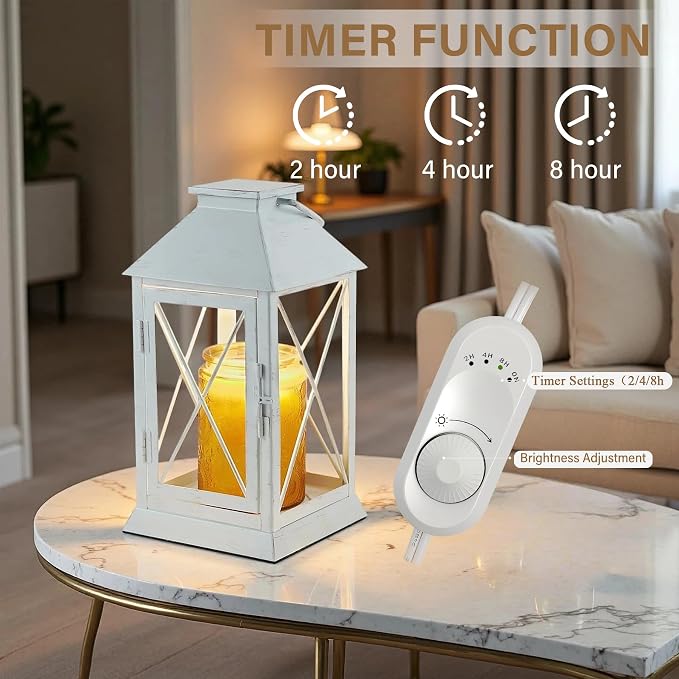 Candle Warmer Lamp with Timer,Cande Warmer Lantern for Jar Candle,Dimmable Candle Lamp Warmer Farmhouse Heat Lamp with 2 Bulbs,Auto Shut Off & Adjustable Brightness-White