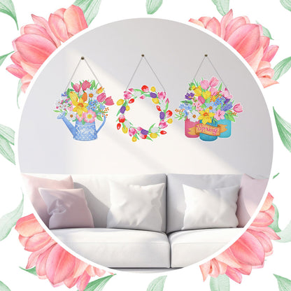 Menkxi 3 Pcs Spring Diamond Art Kits for Adults Spring Flowers Diamond Painting Kits 5d DIY Wreath Tulip Spray Bottle Crystal Painting Hanging Sign for Beginners Craft Supplies Door Wall Window Decor