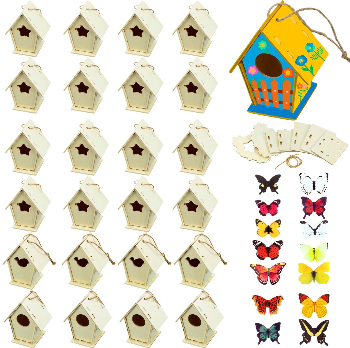 Outus 24 Pcs Wooden DIY Birdhouse Kits for Kids to Build, 4 Shapes Birdhouse Kit Wooden Unfinished with Butterfly Sticker for Boy Girl Arts Crafts(Vintage)