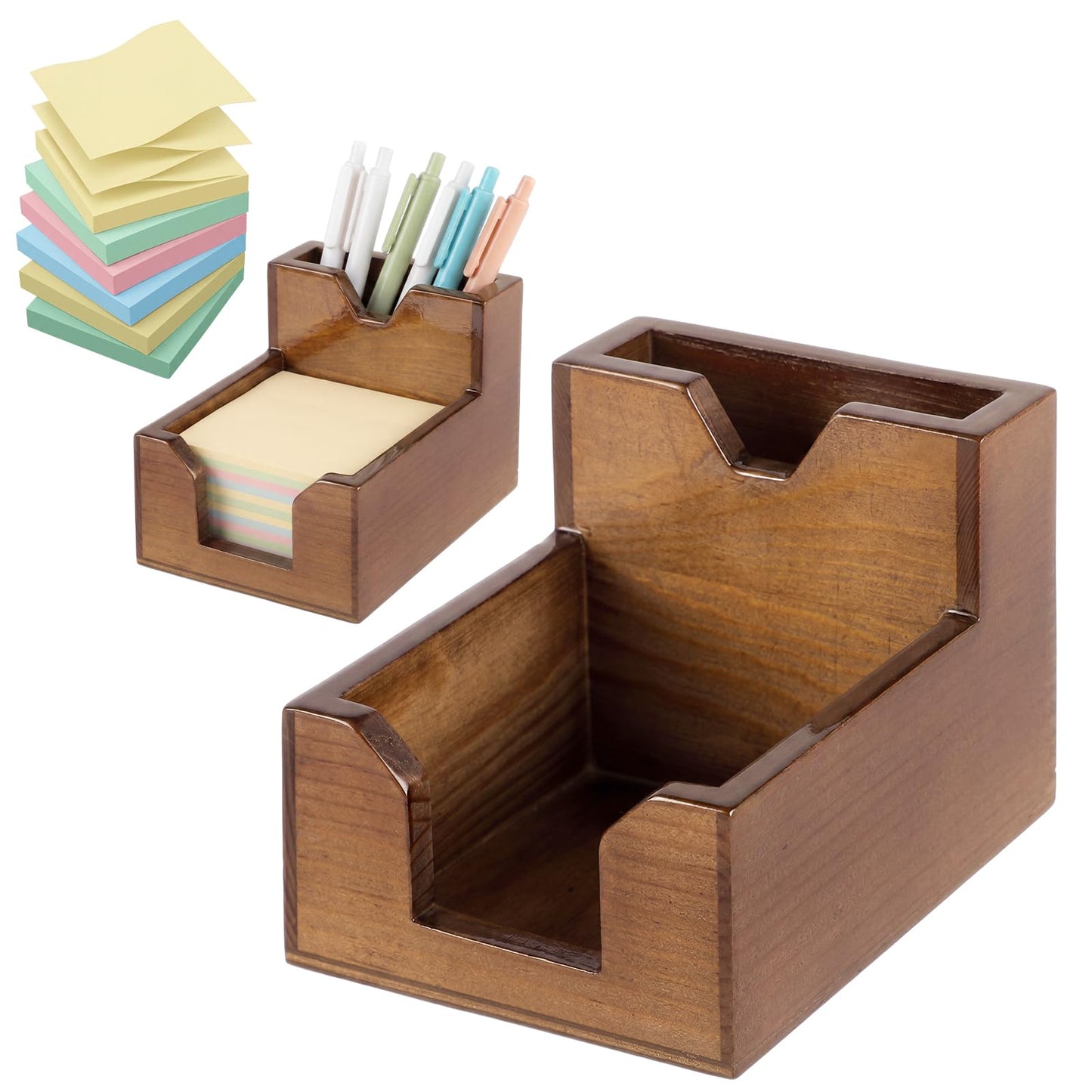 Crtiin 2 Pack Wood Sticky Note Holder, Walnut Color 2-in-1 Pen and Sticky Note Dispenser with 200 Sheets 3x3" Sticky-Notes, Elegant Desk Organizer for Office Home School Dorm Room