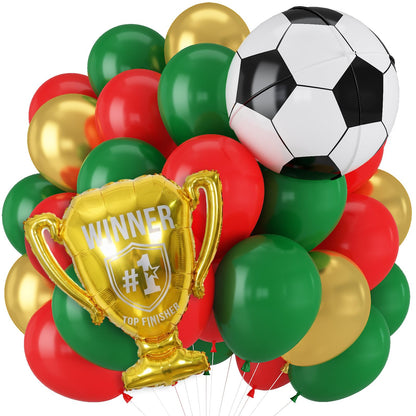 Red and Green Soccer Balloons, 12 Inch Green and Gold Soccer Balloons with 22" Soccer Foil Ball Gold Trophy Balloon for Boys Men Sports Theme Birthday Football Game Day Party Decorations Supplies