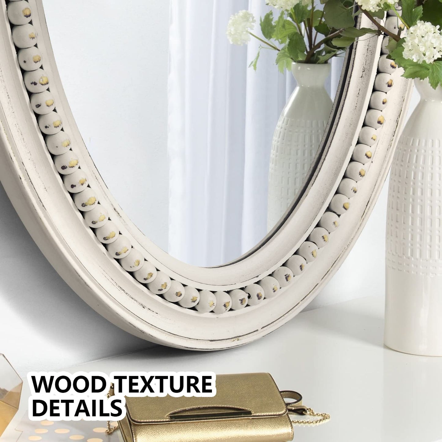 H HOMEWINS Oval Mirrors for Wall,20x30 Oval Wooden Rustic Farmhouse White Beads Boho Decorative Mirror for Bedroom, Bathroom, Living Room,Vanity