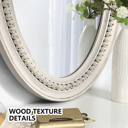 H HOMEWINS Oval Mirrors for Wall,20x30 Oval Wooden Rustic Farmhouse White Beads Boho Decorative Mirror for Bedroom, Bathroom, Living Room,Vanity