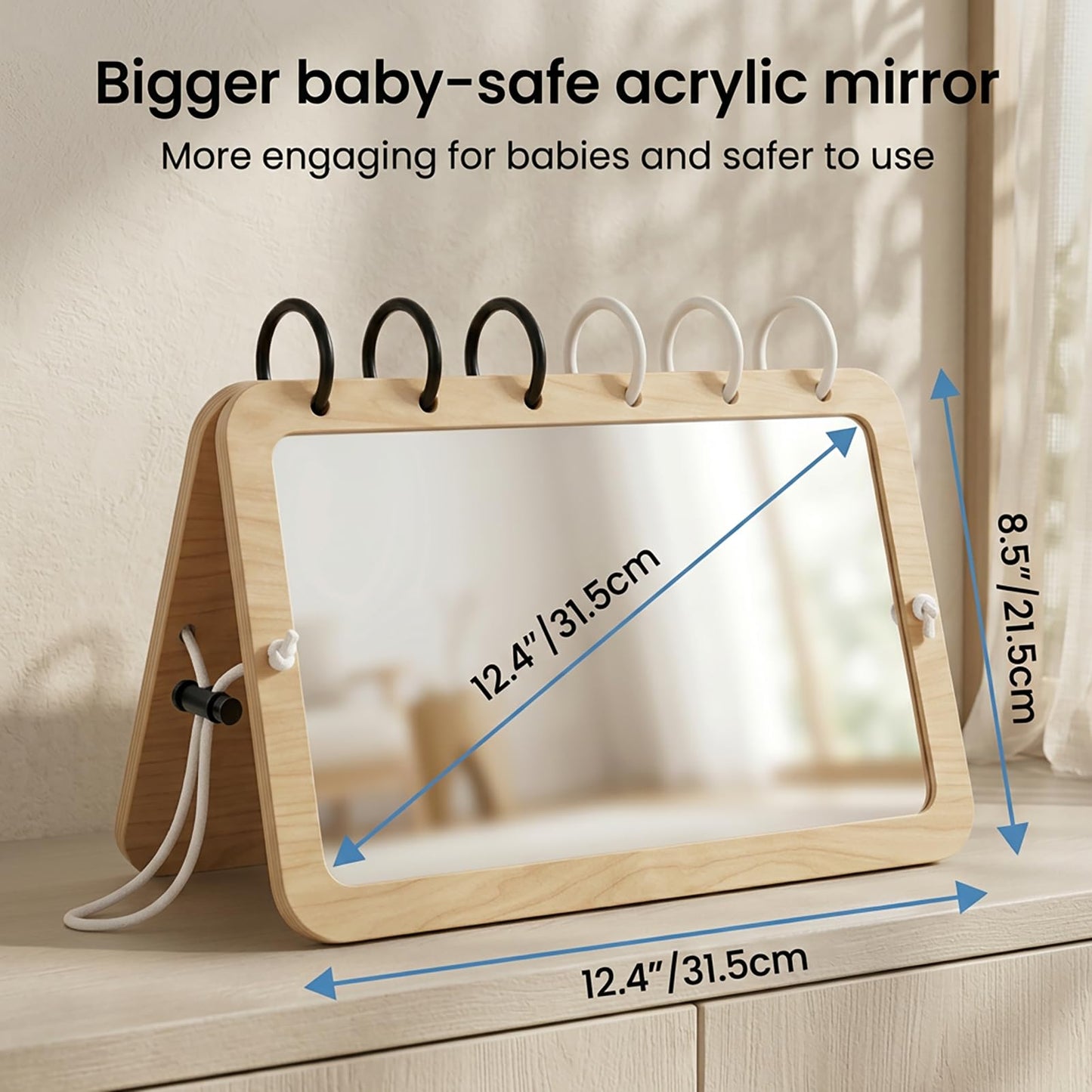 Woodtoe 2-in-1 Tummy Time Mirror, 0-180°Adjustable Angle Montessori Baby Toy, Double-Sided Design with High Contrast Black & White Cards, Shatterproof Baby Mirror for 0-18 Months Newborns Infants