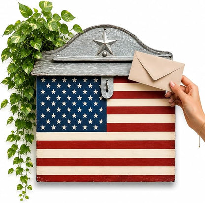 Vintage Americana Post Box Wall Decor – Rustic Farmhouse Mailbox, Patriotic Hanging Wall Accent, Decorative Metal Mail Holder for Entryway, Porch & Home Décor