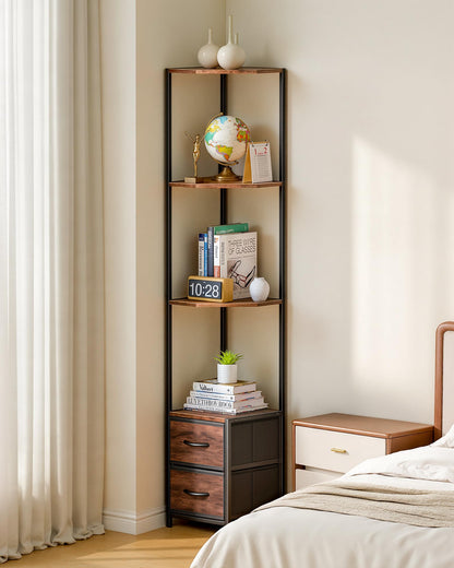 Housolution Corner Shelf Stand with Storage, 63.4'' Tall 6-Tier Corner Bookshelf Includes Fabric Drawers, Freestanding Corners Storage Shelf for Living Room Bedroom Kitchen Bathroom (Black + Brown)