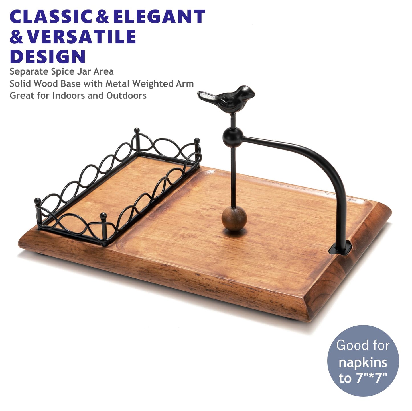 Charming Wooden Napkin Holder with Bird Design – Includes Space for Salt and Pepper Shakers – Multifunctional Black Napkin Holder for Table, Kitchen & Outdoor Use