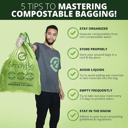 Simply Bio 13 Gallon Compostable Trash Bags Liners Drawstring, Heavy Duty Extra