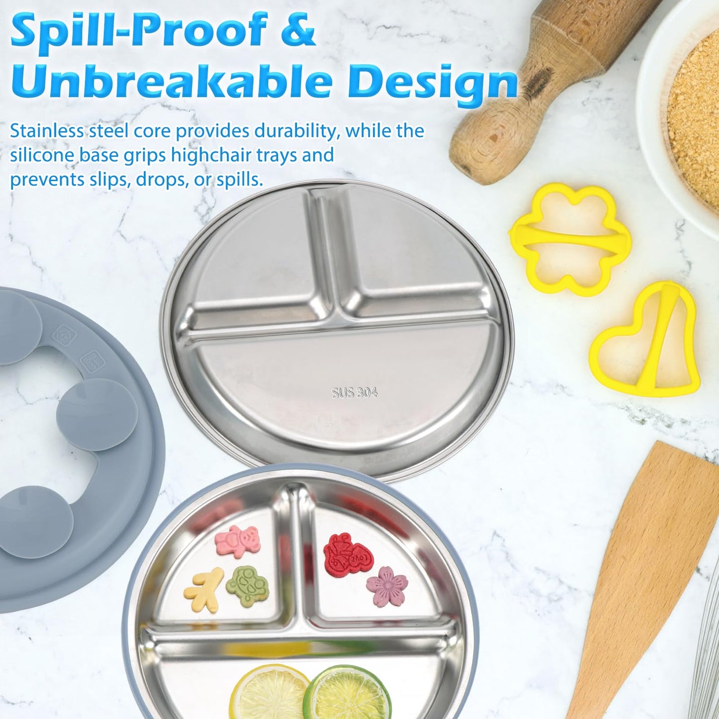 Silicone Feeding Set,Stainless Steel Suction Plate,Baby Utensil Set.Include a Spoon,a Fork, a Plate,a Stainless Steel Kids Bowl.