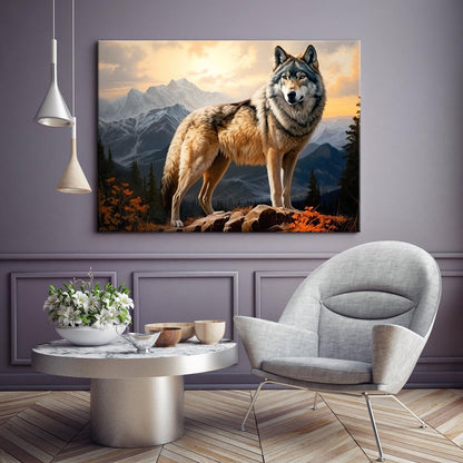 Wolf Wall Art Canvas Wolf in the Mountains Wildlife Landscape Forest Rocky Poster Artwork Framed Modern Home Office Bathroom Living Room Decor