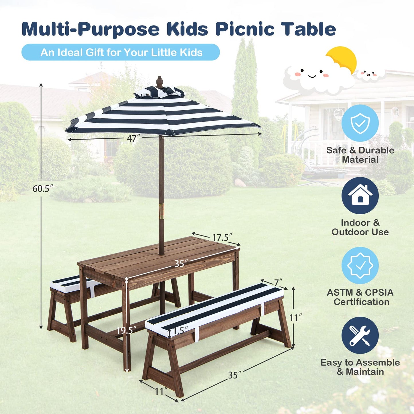 Kids Picnic Table Set with Benches and Umbrella, Foldable Wooden Table and Chair Set for Indoor and Outdoor Use, Playroom Furniture for Toddlers, Children, Baby (Blue)