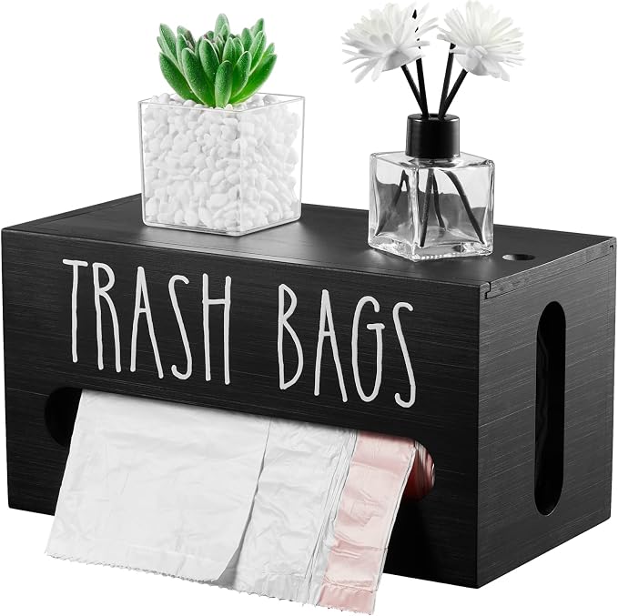 DRASTAR Trash Bag Dispenser, Trash Bag Holder Wall Mount, Wooden Trash Bag Holder for 4-8-gallon Trash Bags Roll Holder Countertop, Home Decor Under Kitchen Sink Organization